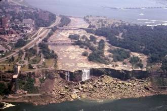 Niagara Falls American Falls drained in 1969 showing dry riverbed and exposed rocks