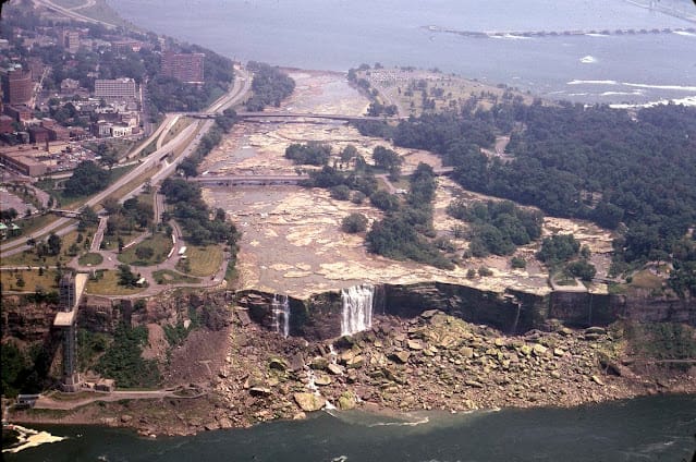 Niagara Falls American Falls drained in 1969 showing dry riverbed and exposed rocks