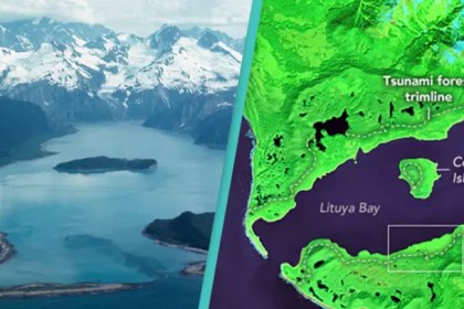 Lituya Bay Alaska mega tsunami 1958 forest destruction visible from space satellite view