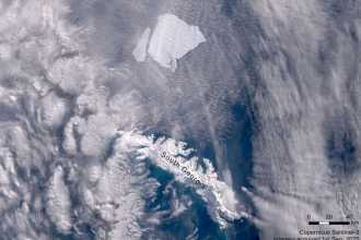 Satellite image of iceberg A23a breaking apart in September 2025