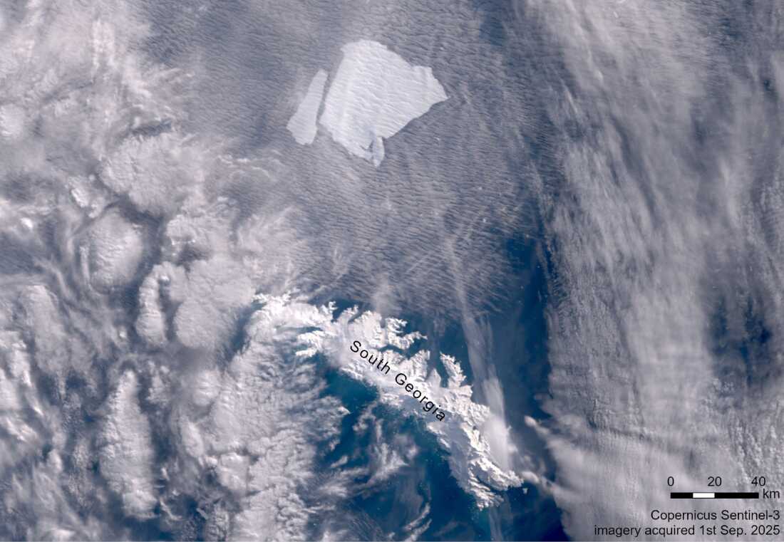 Satellite image of iceberg A23a breaking apart in September 2025