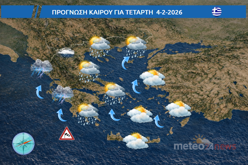“Χάρτης πρόγνωσης καιρού Ελλάδας για Τετάρτη 04/02/2026