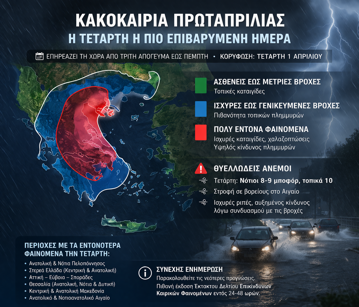 Ισχυρή κακοκαιρία στην Ελλάδα με έντονες βροχές και καταιγίδες και θυελλώδεις ανέμους