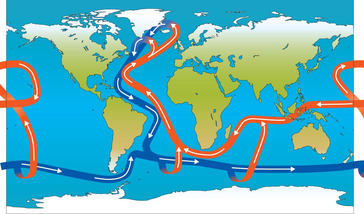 Map showing the Atlantic Meridional Overturning Circulation (AMOC) with warm and cold ocean currents