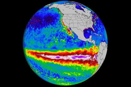 Χάρτης του τροπικού Ειρηνικού που δείχνει ενίσχυση θερμών ανωμαλιών και πιθανή ανάπτυξη ισχυρού El Niño για το 2026/2027