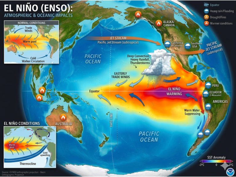 Map of the tropical Pacific showing warming anomalies linked to a developing El Niño event in 2026