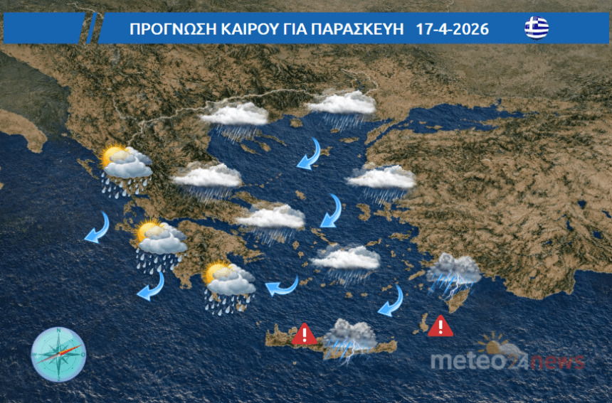 Καιρός αύριο Παρασκευή 17/04/2026 – Βροχές, καταιγίδες και άνεμοι έως 8 μποφόρ